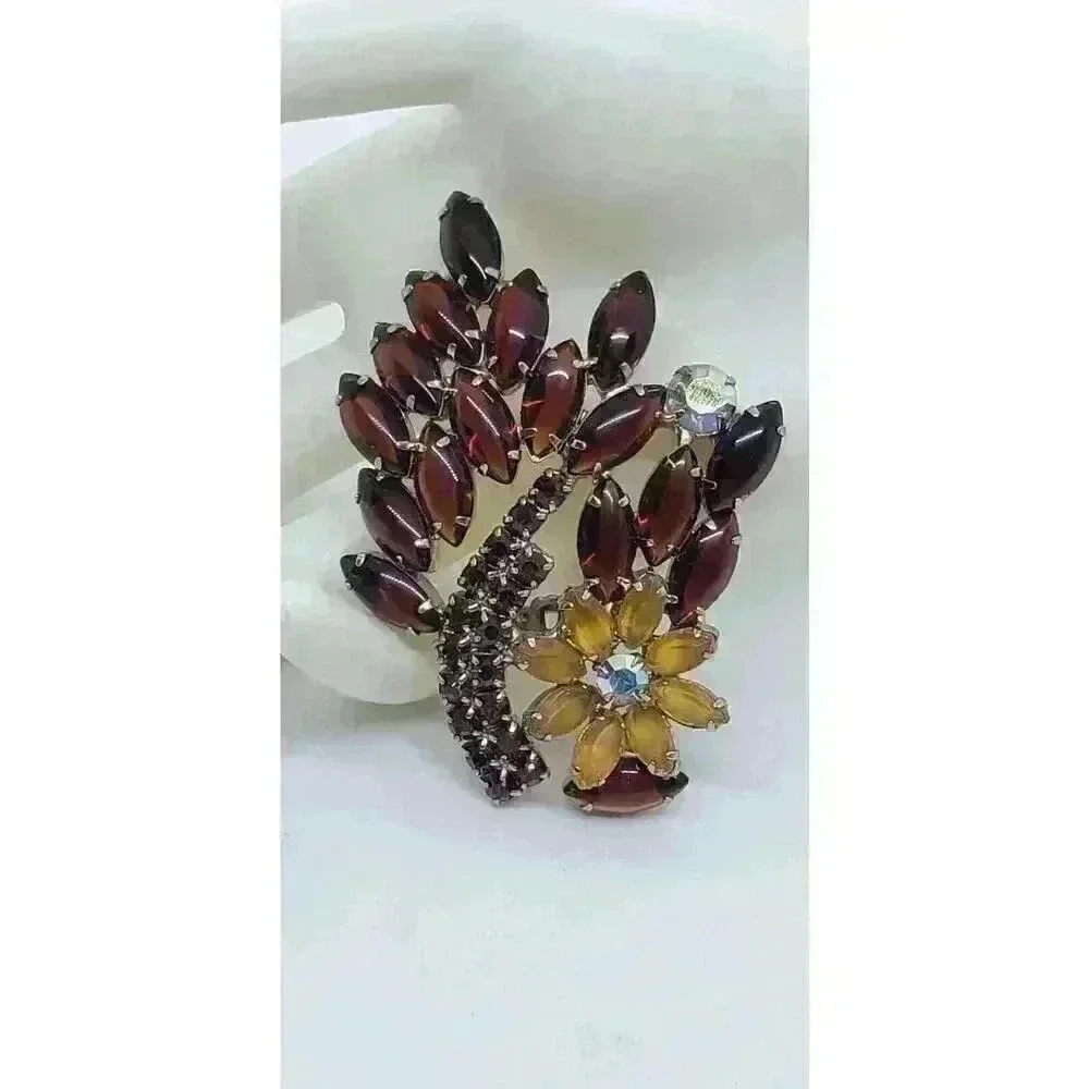 Vintage Rhinestone Brooch Citrine Flower Brown Open Back AB Drama Statement
